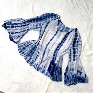 Blue and White Tie Dye Bell Sleeve Scoop Neck Blouse
